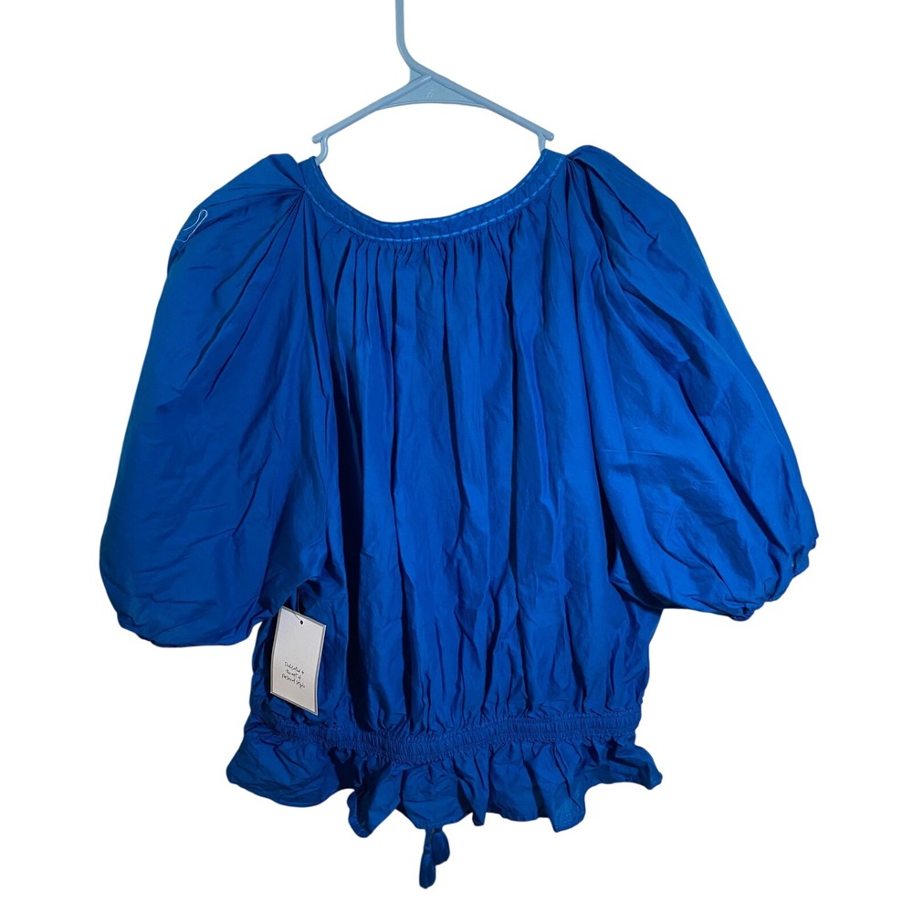 Calligraphie Womens Blue Puff Sleeve Smocked Peplum Blouse XL NWT - Picture 5 of 7
